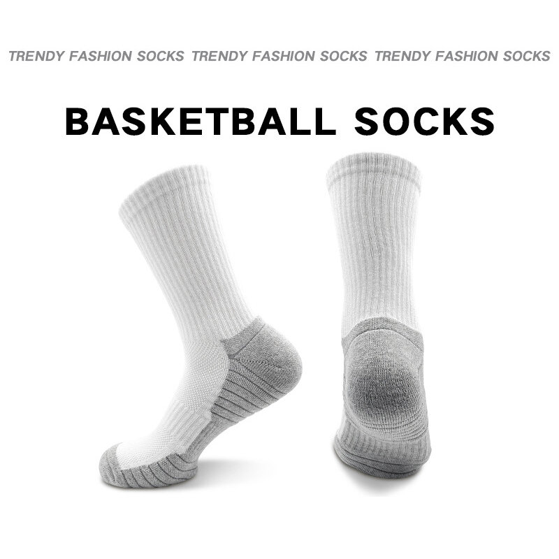 1 Pairs New Men Long Sport Socks Compression Socks Breathable Basketball Socks Cushion Running Socks White/Black Plus Size 39-44