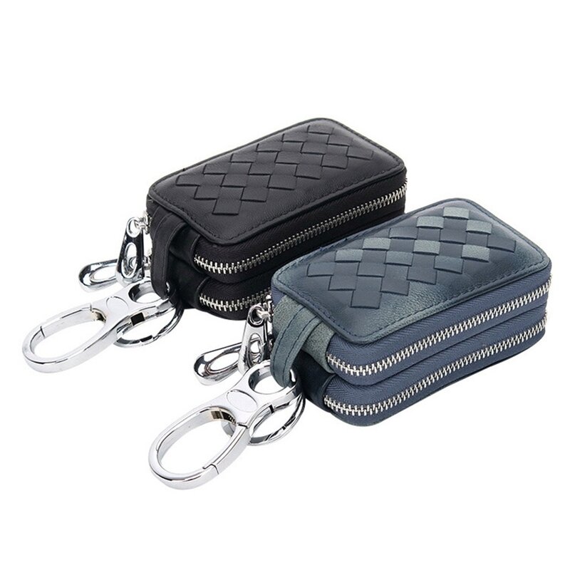 Simple Unisex Sheepskin Woven Keychain Bag Car Remote Key Case Double Zipper  Waist Hanging Key Holder