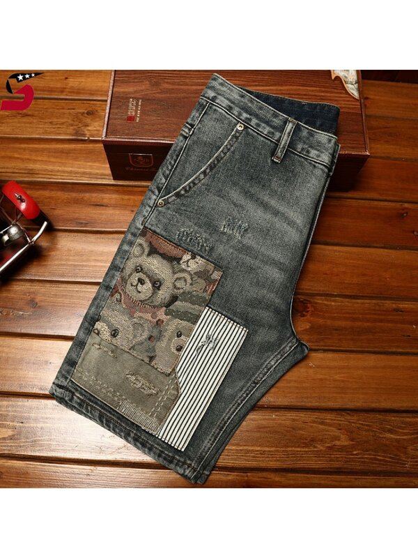 2024summer high-end patch embroidery denim shorts for men stretch fashion slim-fit trendy Korean casual cropped pants