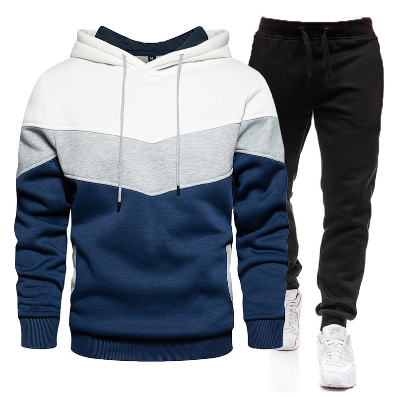 Костюм мужской из 2 предметов, теплый свитшот с капюшоном и брюки, свитер в стиле пэчворк, худи, спортивная одежда, осень-зима