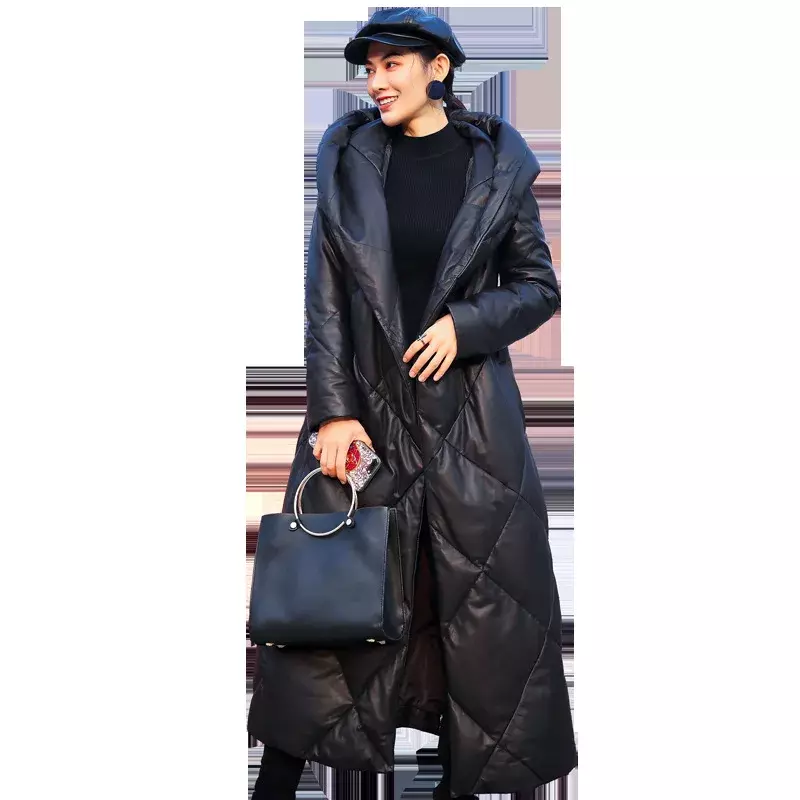 Tcyeek-따뜻한 진품 가죽 롱 후드 푸퍼 자켓 여성용, 우아한 100% 양피 코트, 겨울 의류