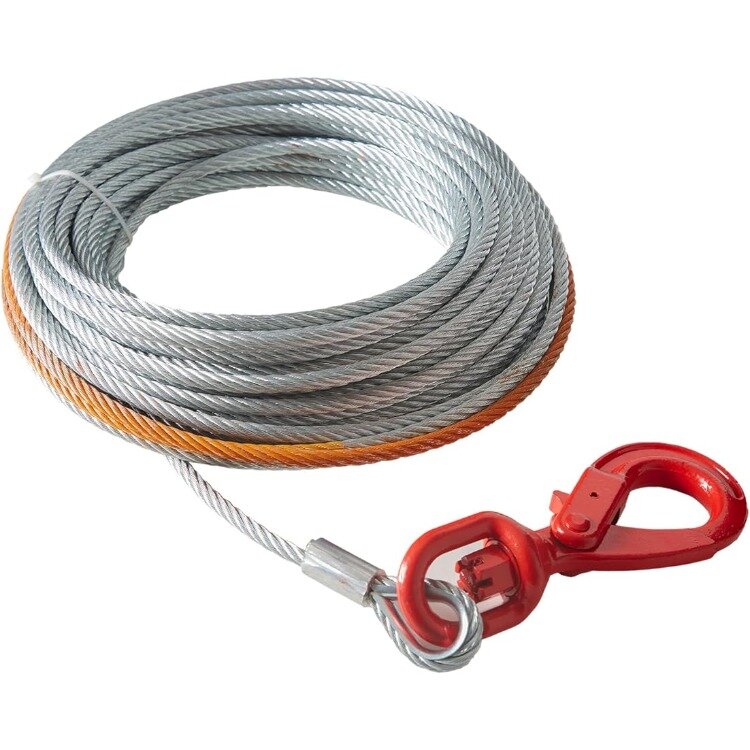 Kabel kerekan baja galvanis, 3/8 inci x 50 kaki 15,200 lbs kekuatan pemecah, tali kerekan kawat dengan kait putar, kabel penarik
