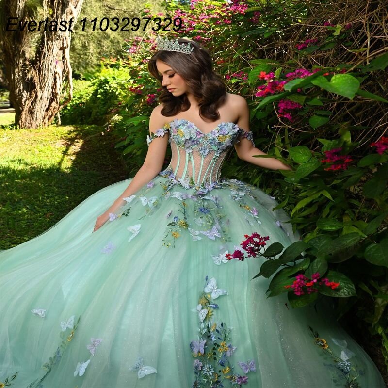 EVLAST 2024 Mint Green Quinceanera Dress Ball Gown 3D Butterfly Applique Beaded Corset Mexico Sweet 16 Vestido De 15 Anos TQD546