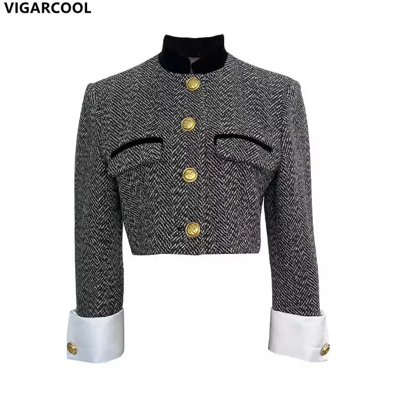 Manteau court en tweed français pour femme, veste rétro à la mode, col montant, design, collection printemps 2022