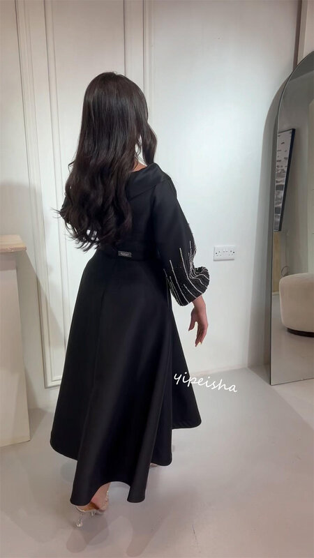 Prom Dress Evening Satin Draped Beading Celebrity A-line V-neck Bespoke Occasion Gown Midi Dresses Saudi Arabia  