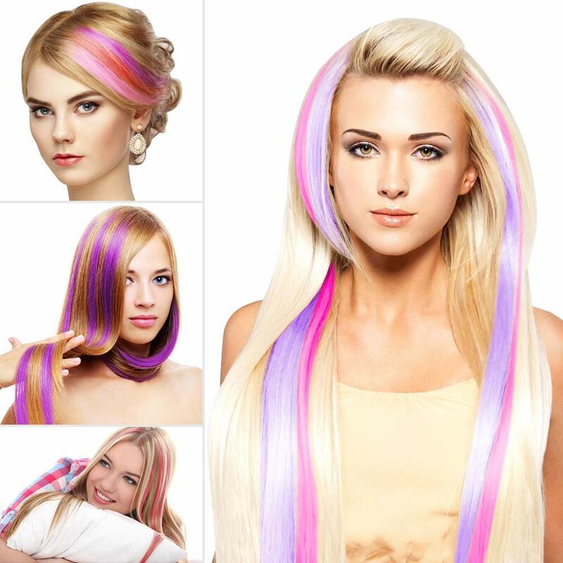 13 Stück farbige Party Highlights bunte Clip in Haar verlängerungen 55cm gerade synthetische Haar teile, lila blau
