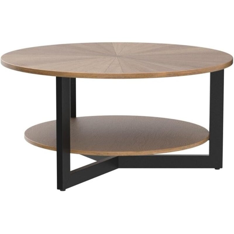 Meja kopi bulat 33.5 inci, dengan penyimpanan 2 tingkat, mudah dirakit, kayu Solid mewah, pusat Sofa industri
