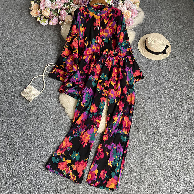 Fato de pijama boho elegante feminino, calças florais, moda loungewear, camisas maxi, blusas, calças largas, festa feminina, 2 peças