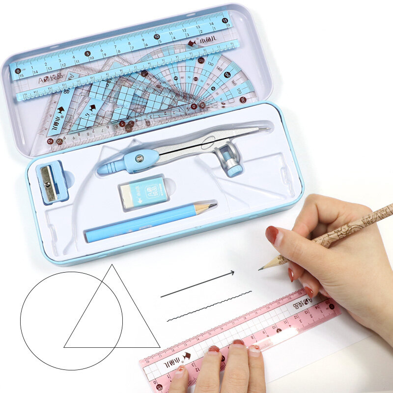 8 Buah/Set Penggaris Kompas Set Pensil Geometri Matematika Siswa Menggambar Alat Tulis Matematika untuk Anak Laki-laki Perempuan Hadiah Perlengkapan Sekolah