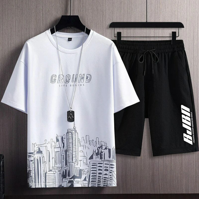 Summer Men's Casual Sports Suit City Printed Sports Outdoor Jogging Sweatshirt Sweatpants Breathable Quick Drying 2 Piece Suit