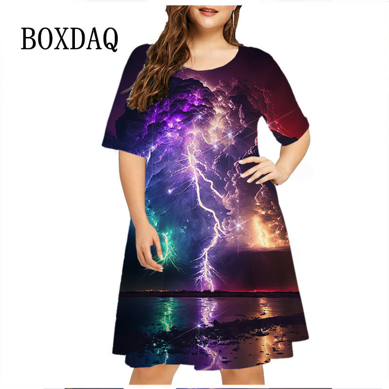 Thunder Lightning Pattern Women Dress manica corta o-collo Tie Dye 3D Print Summer Dress Plus Size Ladies Casual Loose Dress 6XL