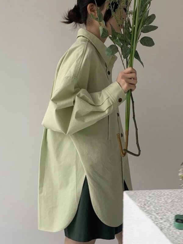 Kemeja untuk wanita lengan panjang elegan Chic warna murni pakaian jalan longgar musim semi Korea Retro Fashion minimalis baru