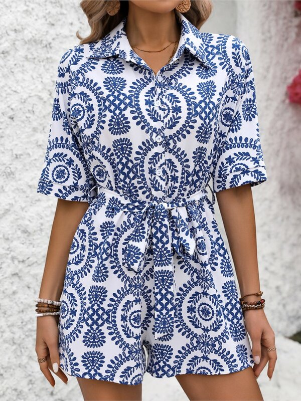 Boho Print Shirt Jumpsuit Women 2024 Summer Fashion Batwing Sleeve Casual Vacation Rompers Loose Lace-up Shorts Playsuit Female