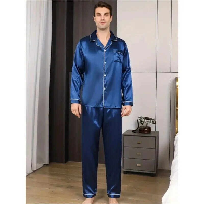 Conjunto de pijamas de talla grande para hombre, ropa de dormir de satén de seda, camisa de manga larga corta, traje de casa para hombre, ropa de dormir de verano e invierno
