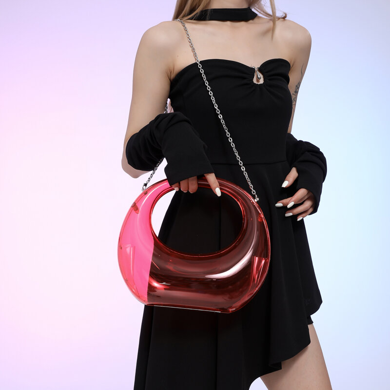 Tas tangan permukaan terang untuk wanita, tas selempang rantai akrilik mewah, tas pesta penyimpanan bening kualitas tinggi modis
