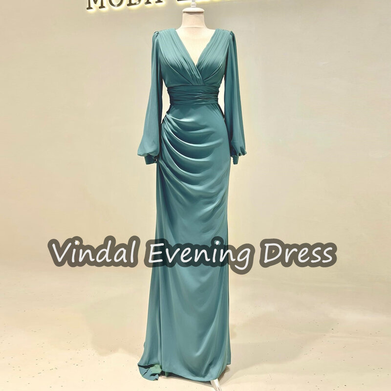 Vestido de noite com decote em v para mulheres, até o chão, crepe plissado, elegante, sutiã embutido, Arábia Saudita, mangas compridas, vestido sereia, 2024