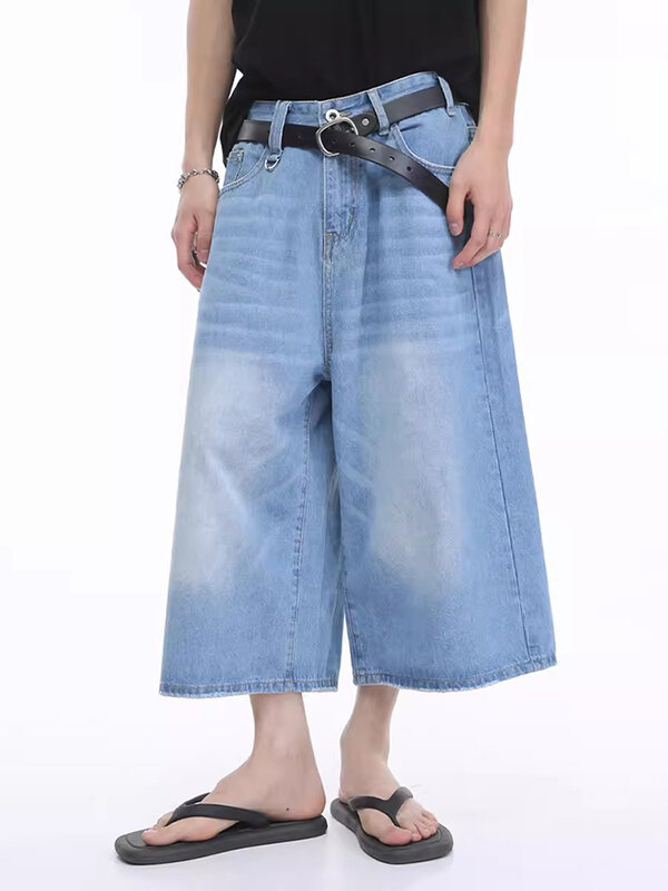 REDDACHIC Retro Blue baffs Jeans larghi jords uomo baffi pantaloni a gamba larga pantaloncini di Jeans Oversize Casual coreano Y2k Streetwear