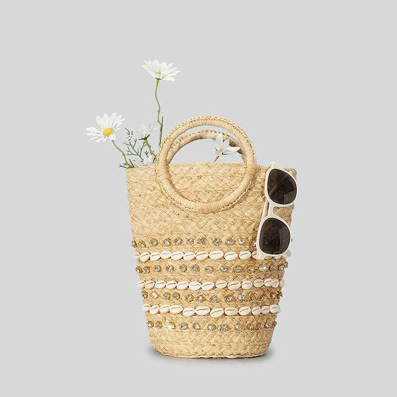 Плетеная Сумка в этническом стиле 2024, плетеная Сумка из ротанга с кольцом и ракушкой, сумка на плечо, Плетеная соломенная сумка-ведро ручной работы