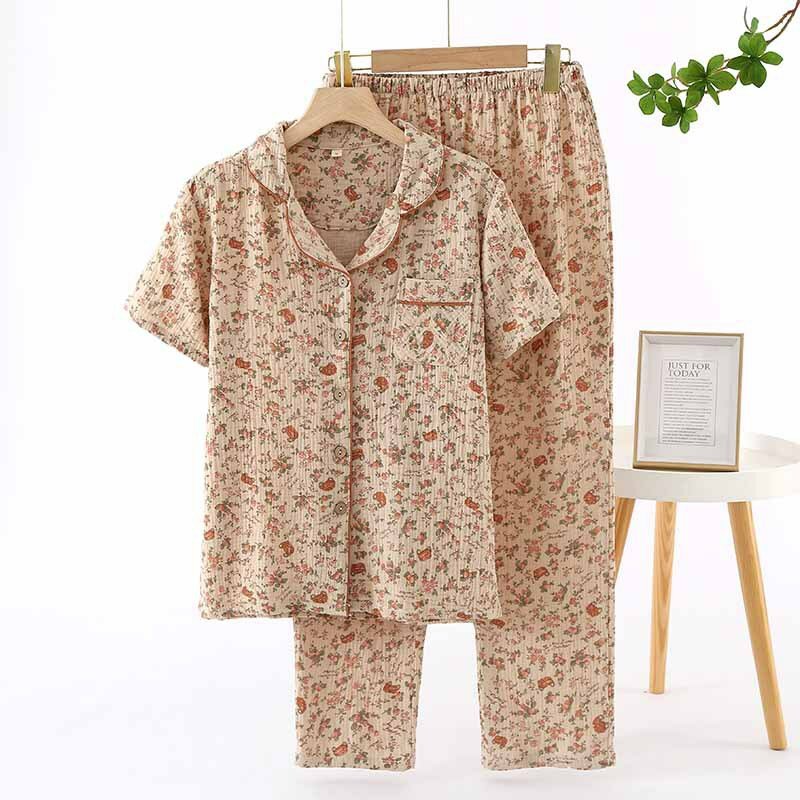 2024 Summer Cotton Gauze Pajamas for Women's Short Sleeved Long Pants Floral Home Clothing Lapel Loose and Casual Pajama 2 Piece