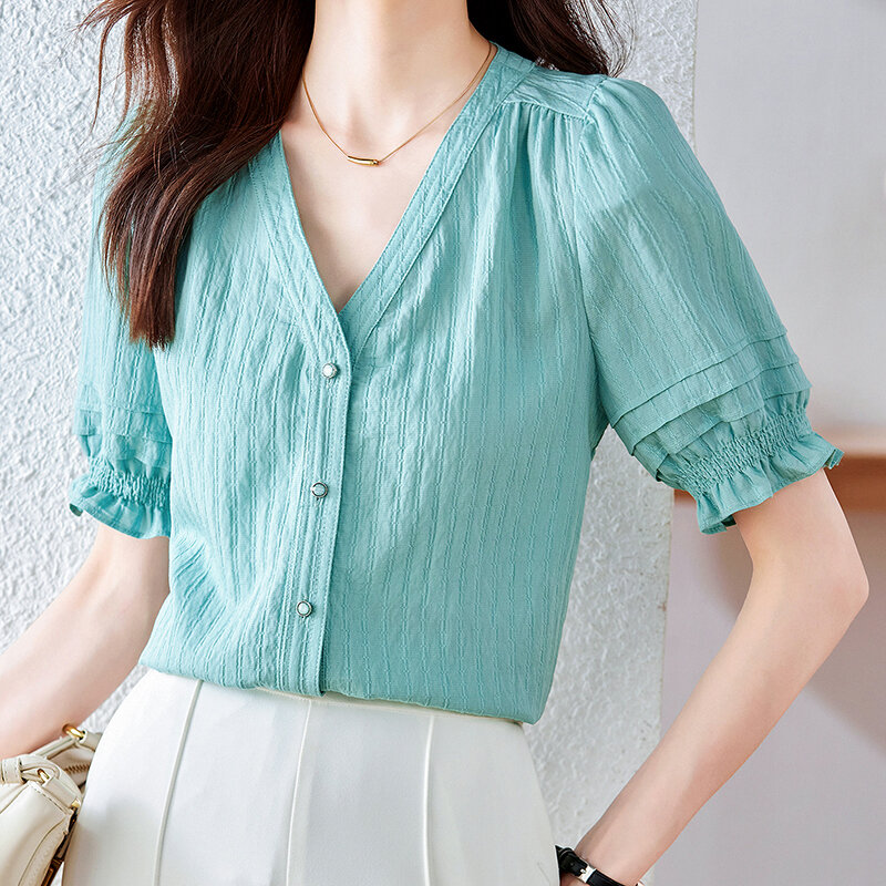 QOERLIN-Chemises à simple boutonnage pour femmes, chemisier en Y, manches évasées, col en V, élégant, décontracté, mode coréenne, été