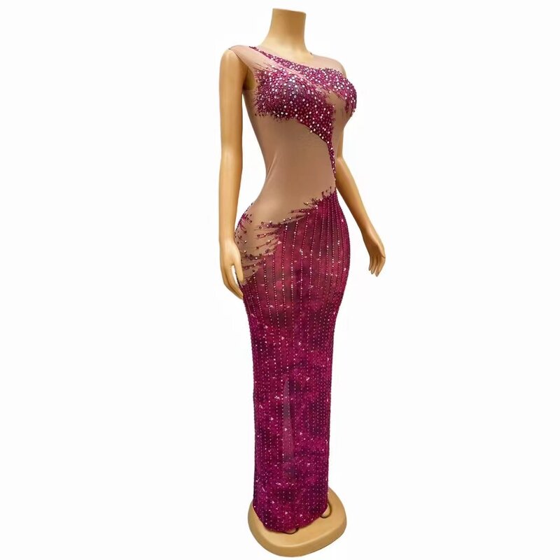 Sparkly Rhinestones Long Dress for Women Sexy Mesh See Through Celebrate Evening Prom Birthday Photo Shoot Dress Stage Wear