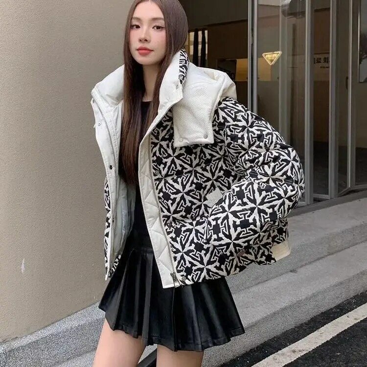 Printing Stitching White Duck Down Women'S Down Jacket Hooded Thickened Trendy Coat Winter New