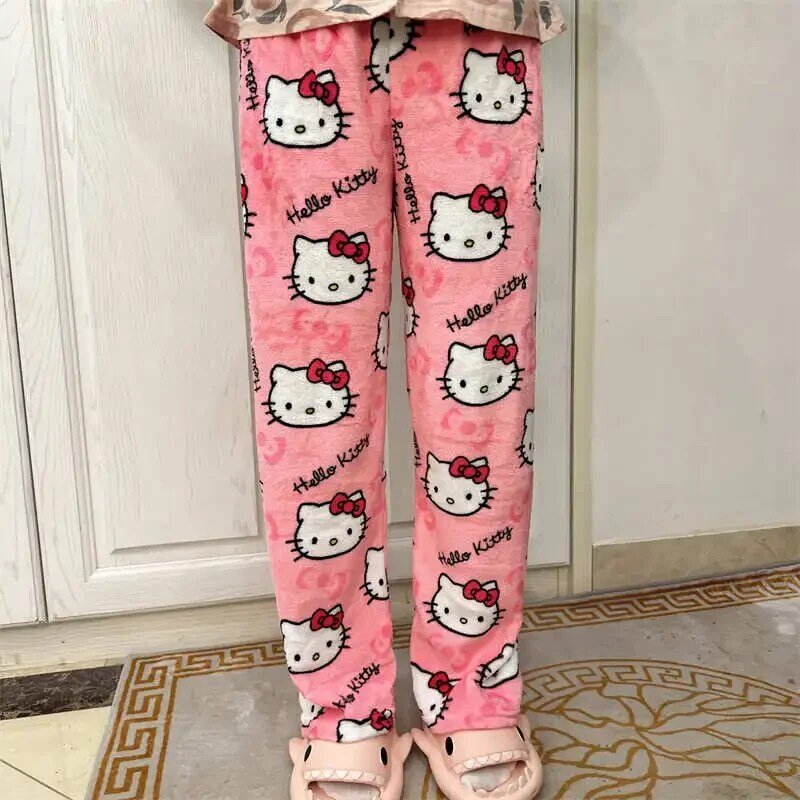 Sanrio Hello Kitty polar koralowy spodnie od piżamy miękkie spodnie kobiet na co dzień domowe spodnie Kawaii Anime kreskówka prezent urodzinowy