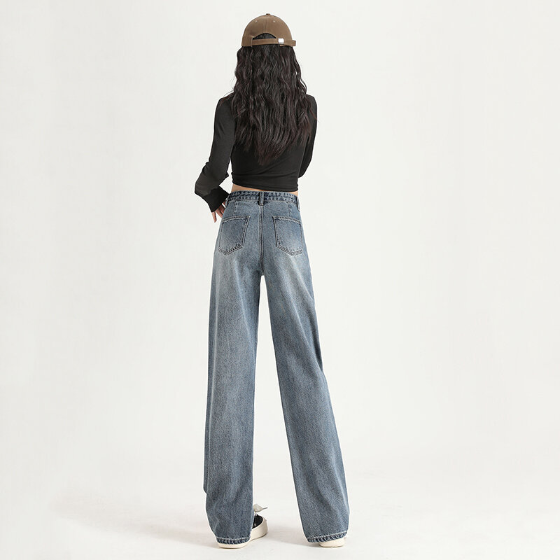 Женские прямые джинсы с регулируемой эластичной талией, винтажные джинсовые брюки для отдыха в уличном стиле, Модные свободные брюки с широкими штанинами