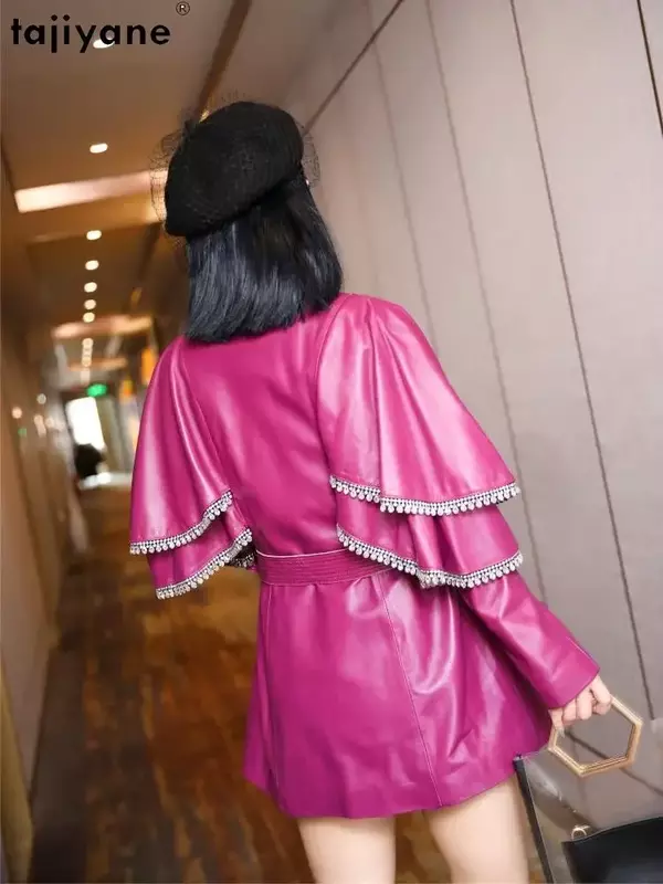 Tajiyane Echte Schapenvacht Leren Jas Voor Vrouwen 23 Koreaanse Mode Lederen Jassen Real Leather Jas V-hals Mid-Lengte Jassen