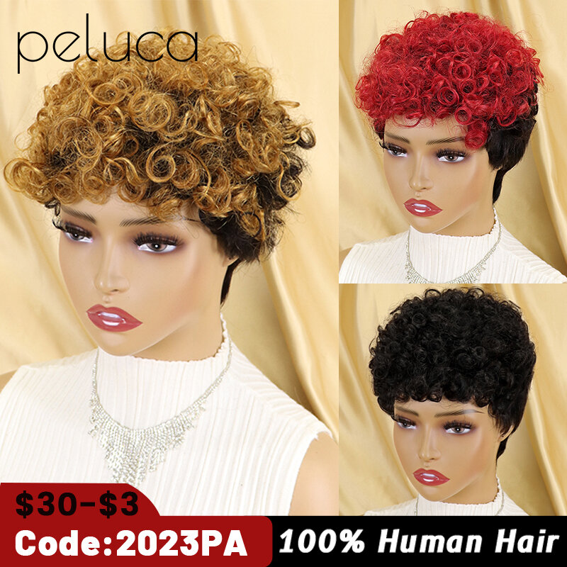 Afro peruka z kręconych włosów typu Kinky dla czarnych damskie ludzkie włosy brazylijski Remy Sassy puszyste Curl peruki krótki Bob fryzura Pixie peruka Ombre brązowy tanie