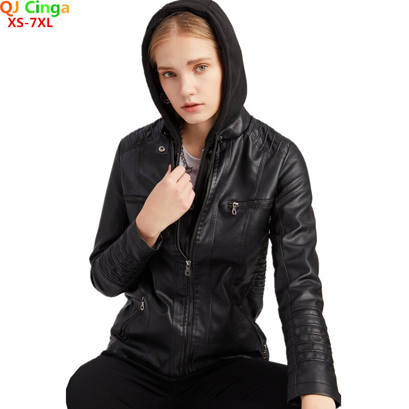 女性のための黒の合成皮革ジャケット,カジュアルな流行のコート,女性のための取り外し可能な帽子,春と秋の服,XS-7XL