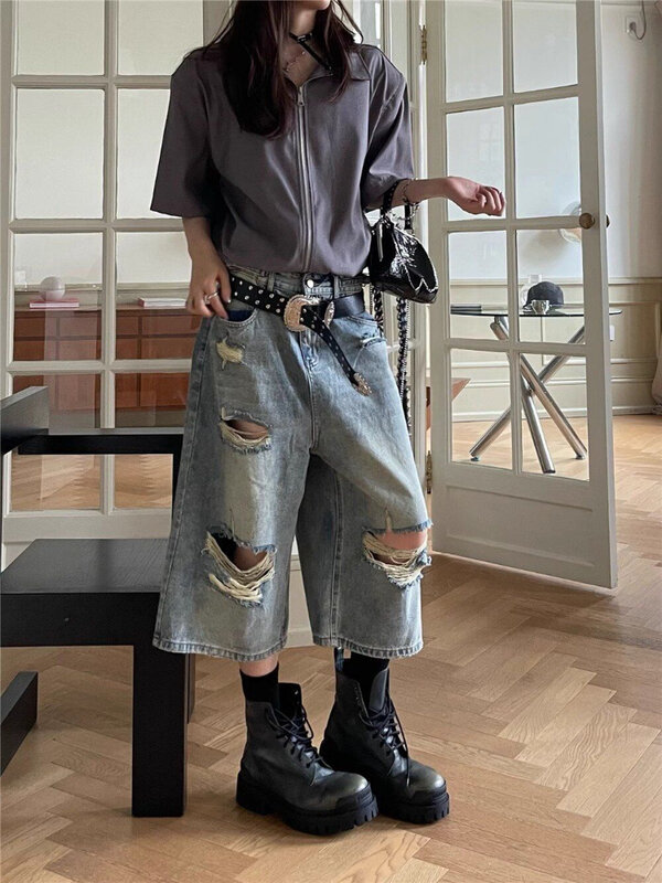 ADAgirl Ripped Jeans Calf-Length Pants Women Hip Hop Fashion Oversize Hollow Out Denim Shorts Streetwear Vintage Summer Bottoms