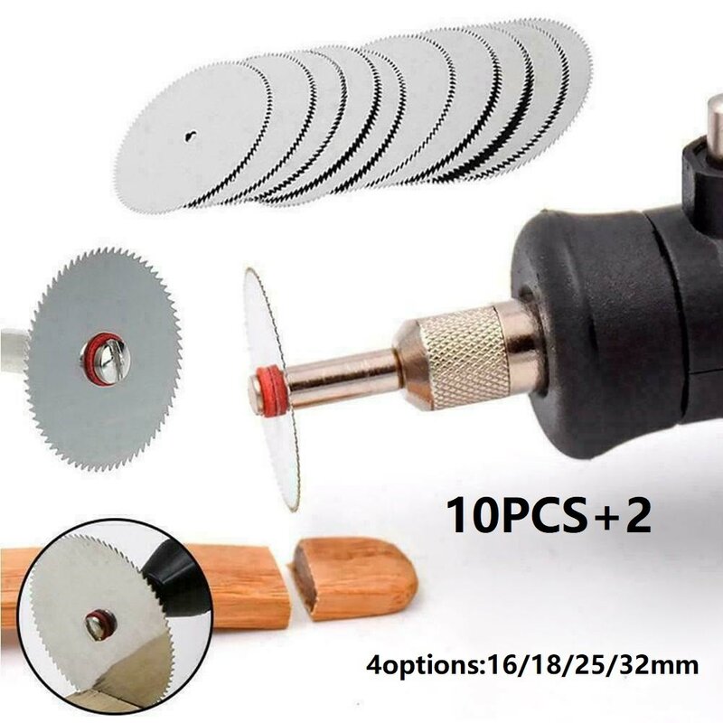 Mini disco de sierra Circular de acero al carbono con varilla, mandril rotativo Dremel, hoja de sierra de plástico para carpintería, 16/18/25/32mm, 12 unidades por juego