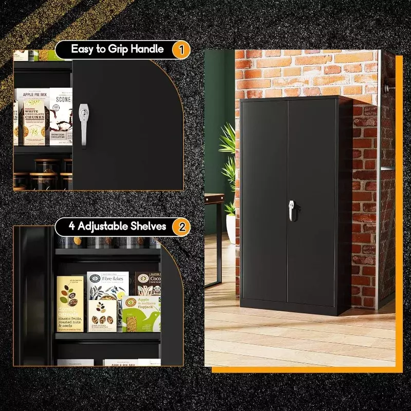 Metal Storage Cabinets 72” Black Garage Steel Storage Cabinet with Doors and Shelves, Metal Tool Cabinet