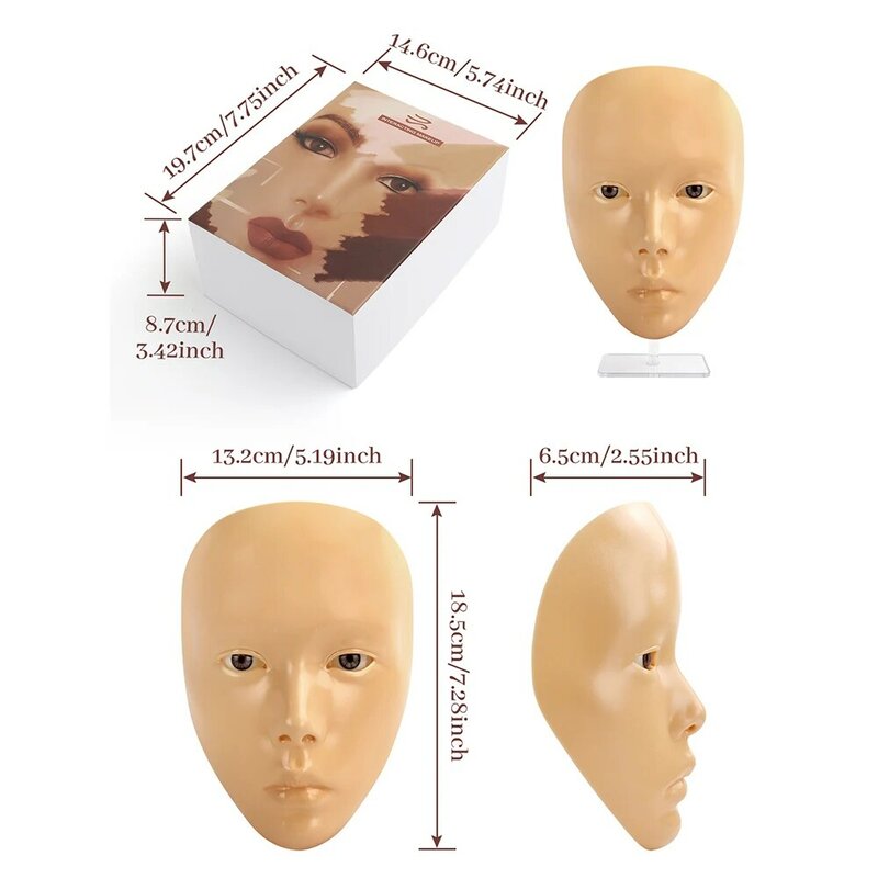 Máscara de práctica de maquillaje 5D Maniquí de silicona para cara completa, tablero cosmético, almohadilla para piel, ojos, solución facial, maquillaje para suministros de entrenamiento reutilizables, extensiones de p