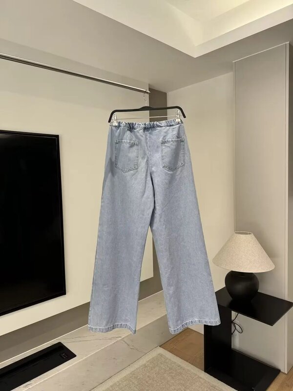 กางเกงยีนส์เอวสูงทรงหลวมแฟชั่นสุดชิคสำหรับผู้หญิงกางเกงยีนส์เอวยางยืดแนวย้อนยุค