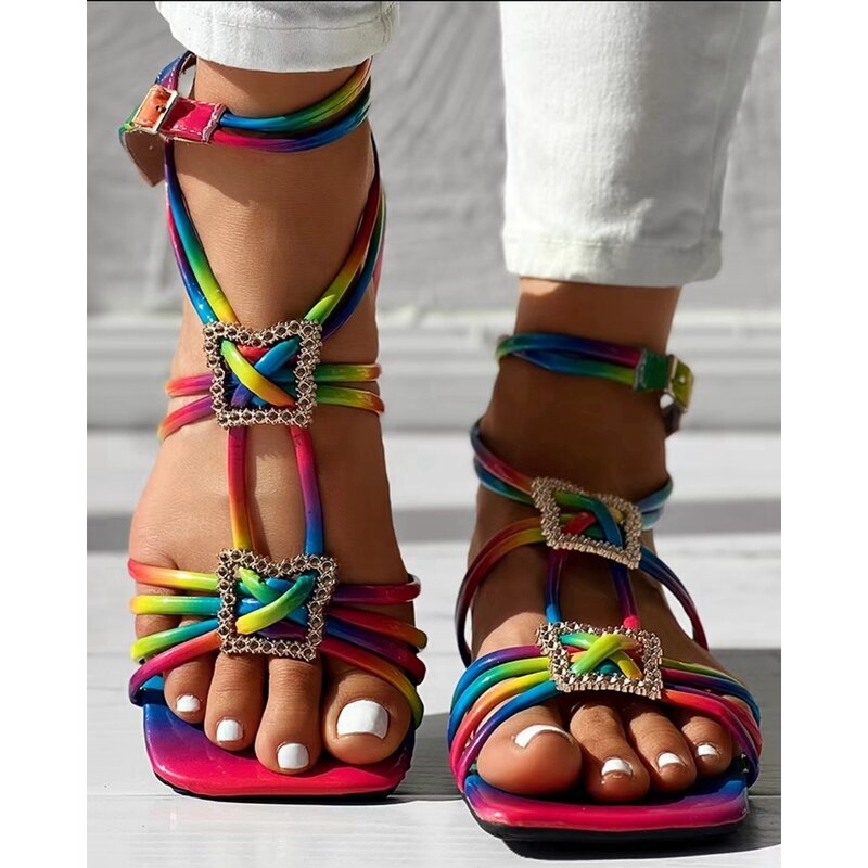 Sandálias multi-cinta para mulher, multi-cinta, toe quadrado, multicolor, sair, ao ar livre, verão, lady fashion, novo