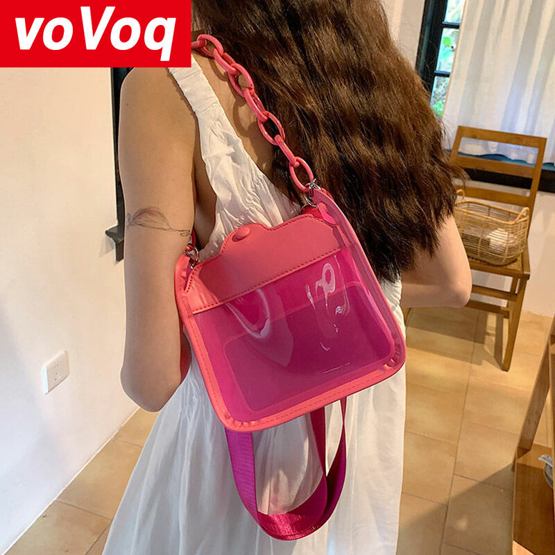 PVC 젤리 체인 원 숄더 클리어 휴대폰 가방, 방수 여성 크로스 바디 미니 가방, 가을 형광 녹색, 신상 패션