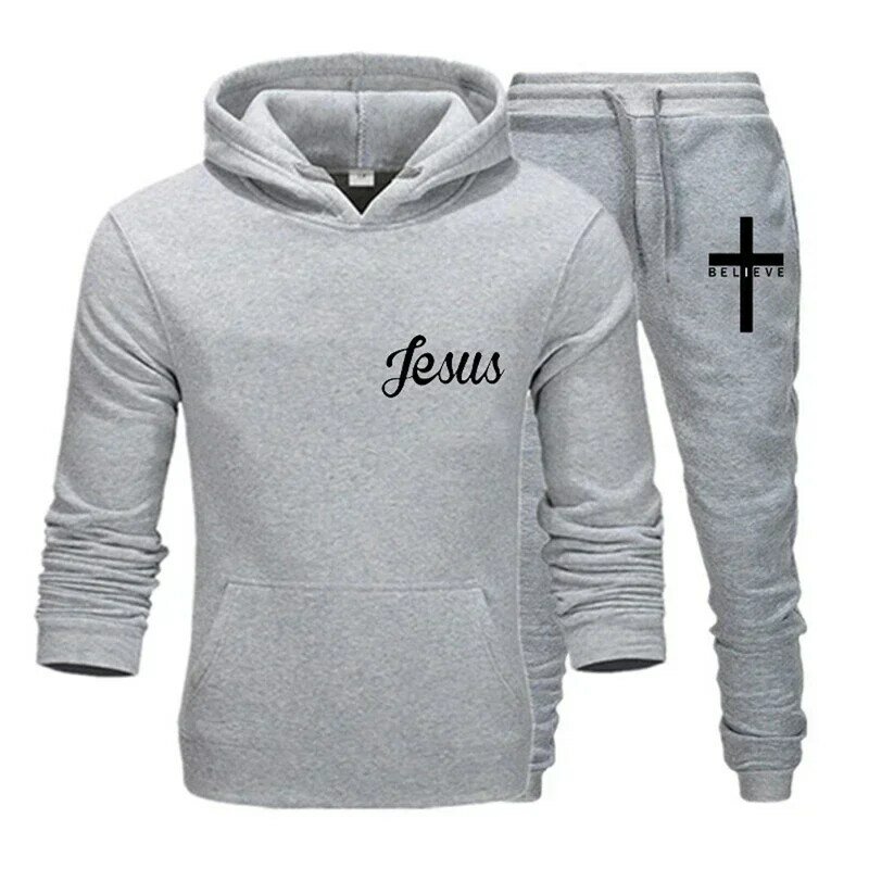 Baju olahraga pria, baju olahraga motif Yesus terbaru musim semi dan musim gugur kasual warna Solid bertudung + celana desain pria