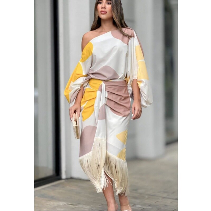 2024 Elegant Two Piece Sets Women Outfit Geometric Printed Lantern Sleeves Loose Tops and Tassels Hem Skirt  New Matching Set