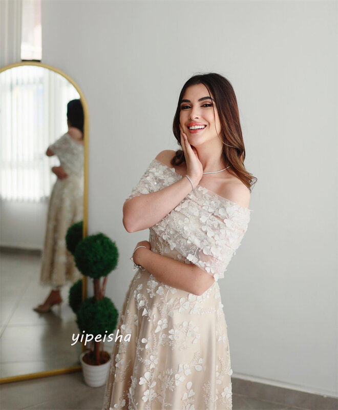 Gaun Prom Arab Saudi gaun Prom Satin Applique Formal malam A-line bahu terbuka gaun acara Bespoke pergelangan kaki panjang