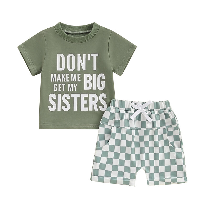 Toddler Boys Summer Outfits Letter Print Round Neck Short Sleeve Tops and Checkerboard Elastic Waist Shorts 2Pcs Clothes Set