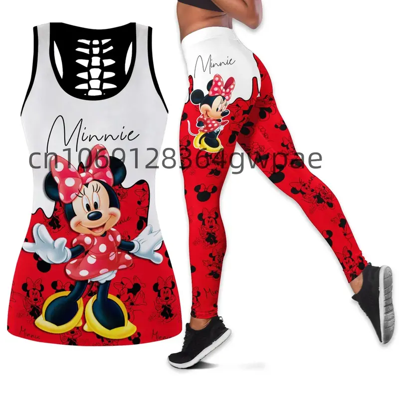 Disney-Ensemble de leggings de yoga creux pour femmes, haut précieux découpé Minnie, leggings de fitness d'été, survêtement
