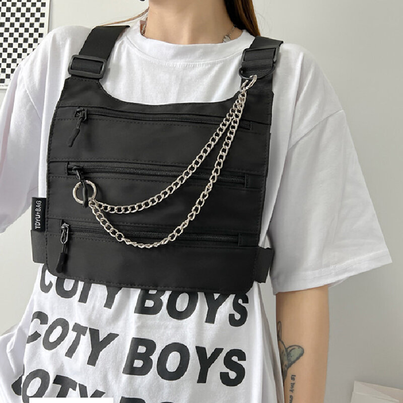 Hip Hop Streetwear Unisex กระเป๋าหน้าอกอเนกประสงค์ชายเสื้อเกราะยุทธวิธี Chest Rig กระเป๋าโลหะแฟชั่นผ้าใบเอวแพ็ค