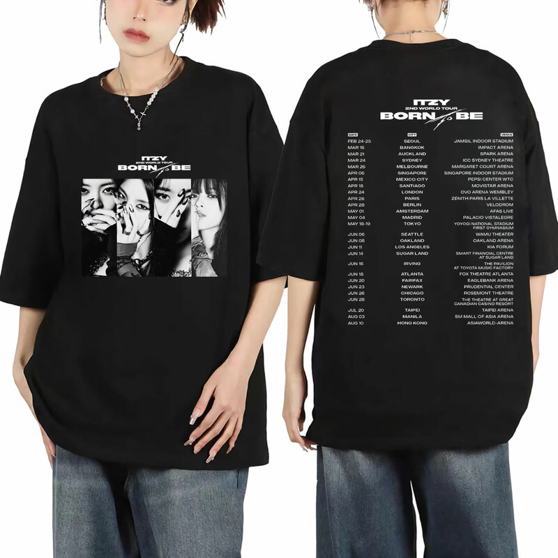 ITZY kaus Kpop Born To Be 2nd World Tour grafik kaus Harajuku Hip Hop ukuran besar tren mode uniseks kaus Vintage