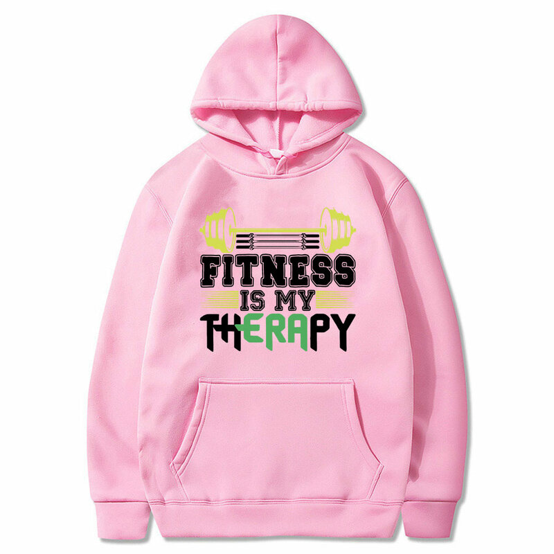 Funny Fitness Is My Therapy Meme Print Hoodie Male Casual Long Sleeve Oversized Hoodies Men Women Fitness Gym Vintage Sweatshirt