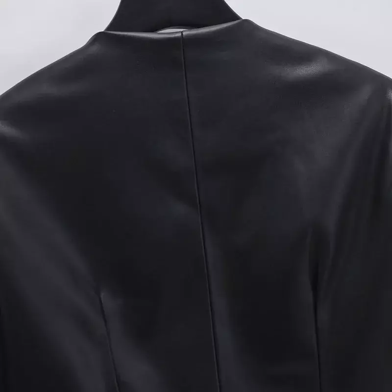 Jaket Antumn wanita kulit sintetis, mantel pakaian kasual wanita, mantel Pu lengan panjang, leher O, warna hitam, mantel kulit sintetis Vintage