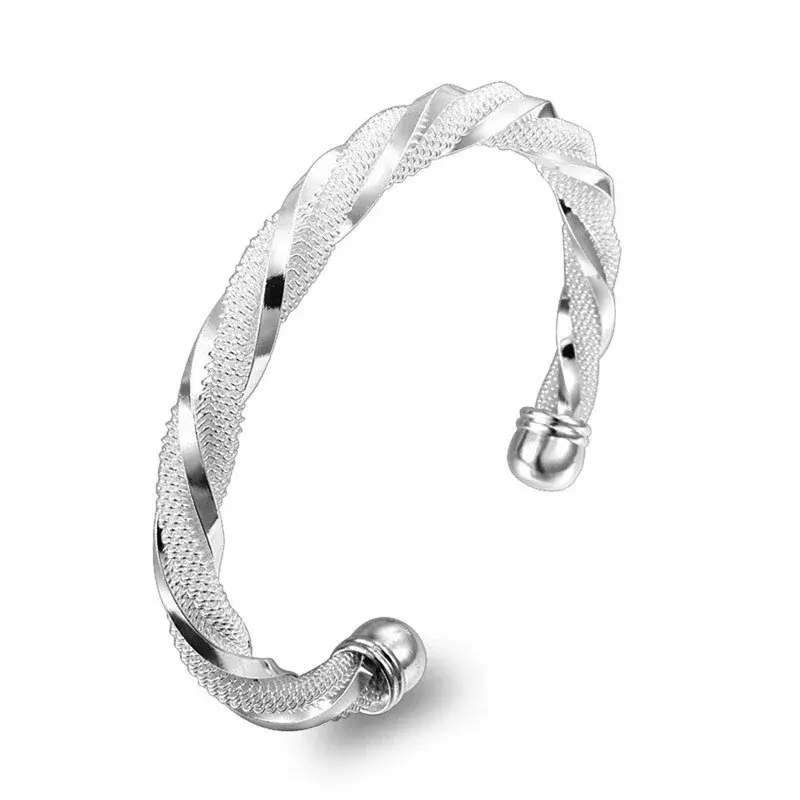 Mencheese Silver Braided Bangle Jewelry para homens e mulheres, malha larga pulseiras, 925 pulseiras de prata esterlina, jóias da moda