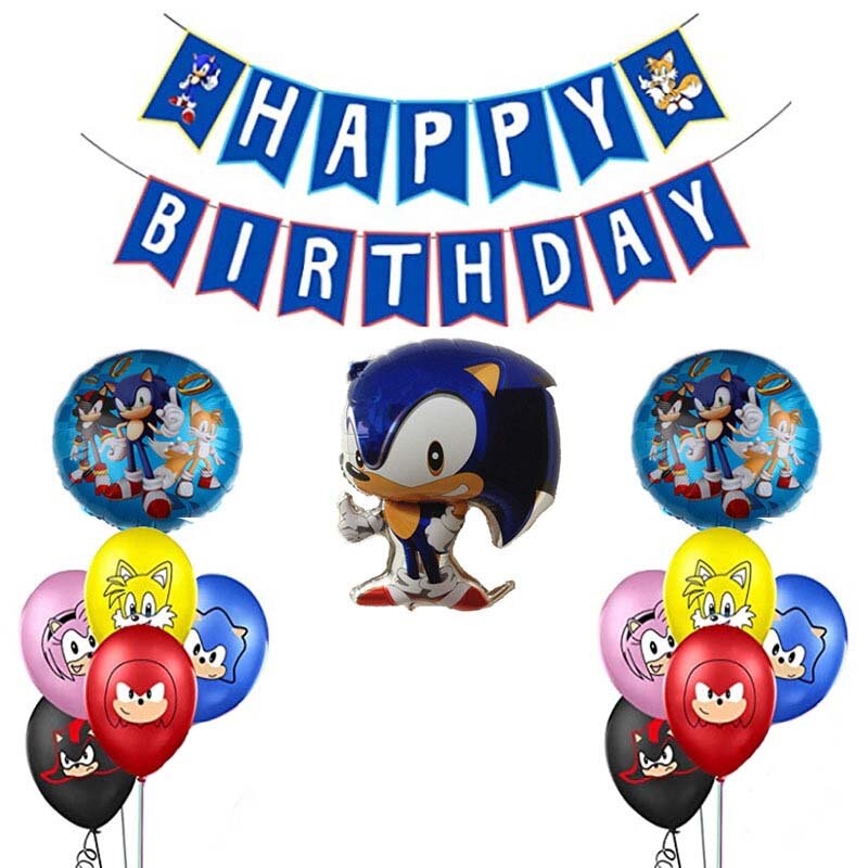 Juego de globos y pancarta de Sonic the Hedgehog, decoración de fiesta de cumpleaños, suministros de fiesta de látex, sombrero, 1 Juego