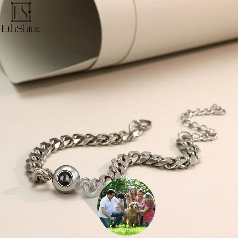 EthShine-pulsera de cadena cubana personalizada, colgante circular con foto de proyección, regalo conmemorativo, joyería para pareja